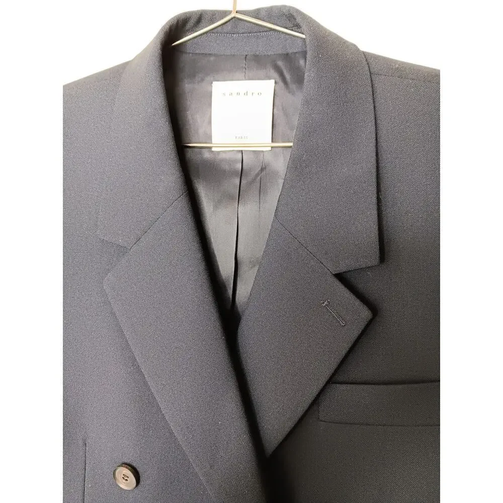 Sandro Paris Blazer Jacket FR 48 US 38 Navy Wool Double Breasted Mens Oversized